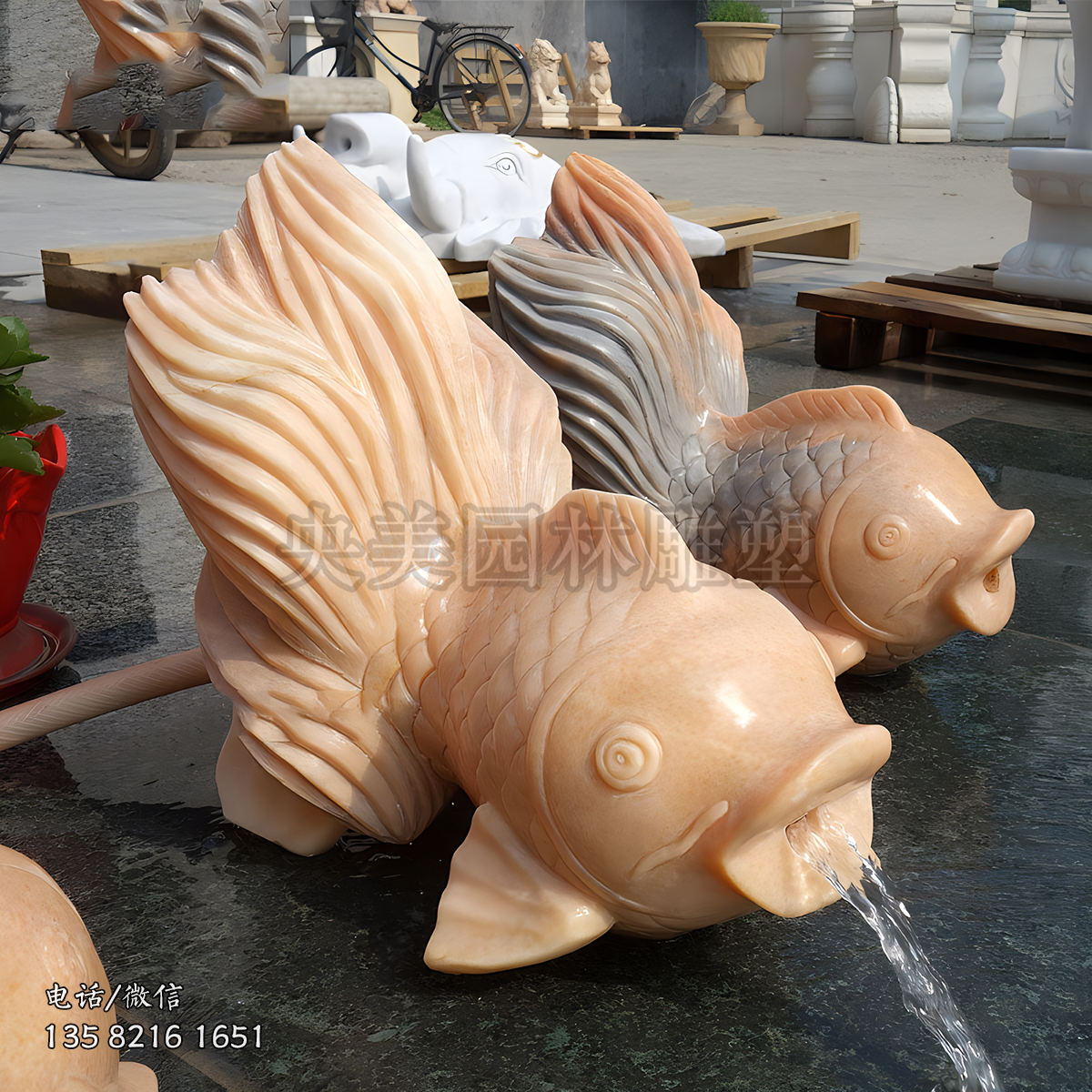 晚霞紅噴水金魚雕塑擺件