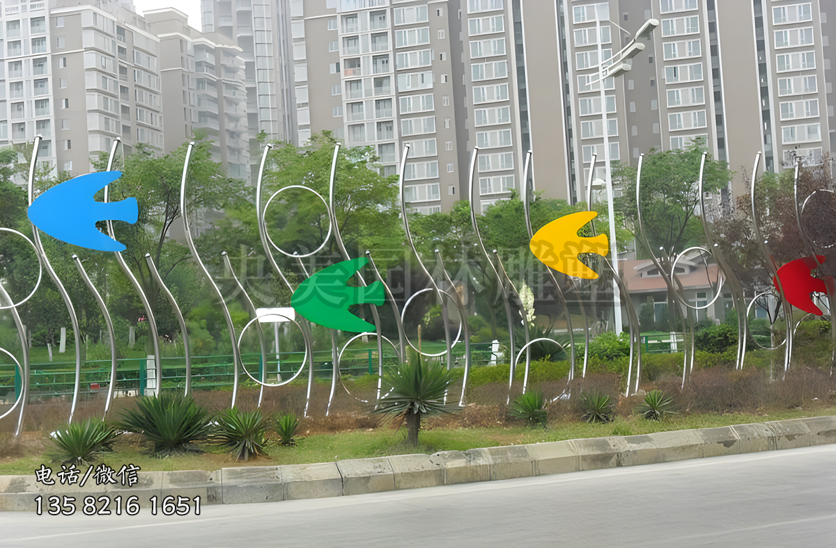 不銹鋼抽象魚群雕塑景觀