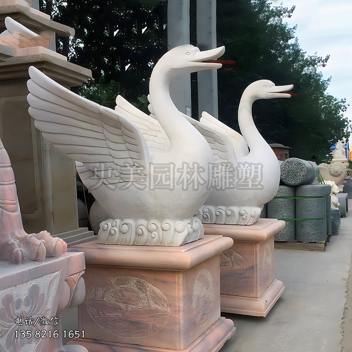 漢白玉石雕噴水鵝雕塑