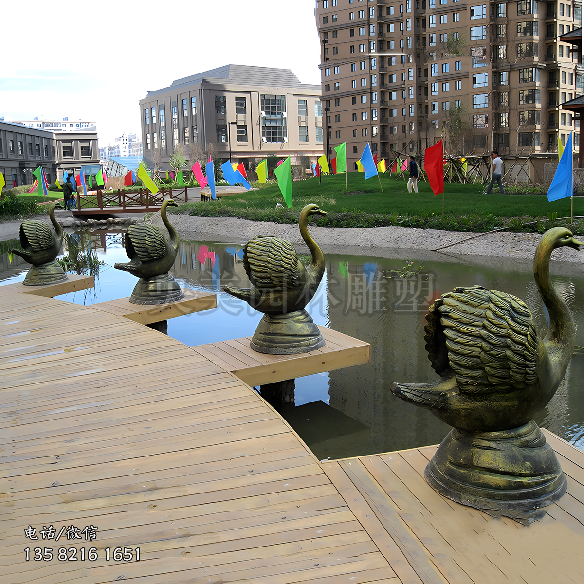 玻璃鋼仿古銅噴水天鵝雕塑