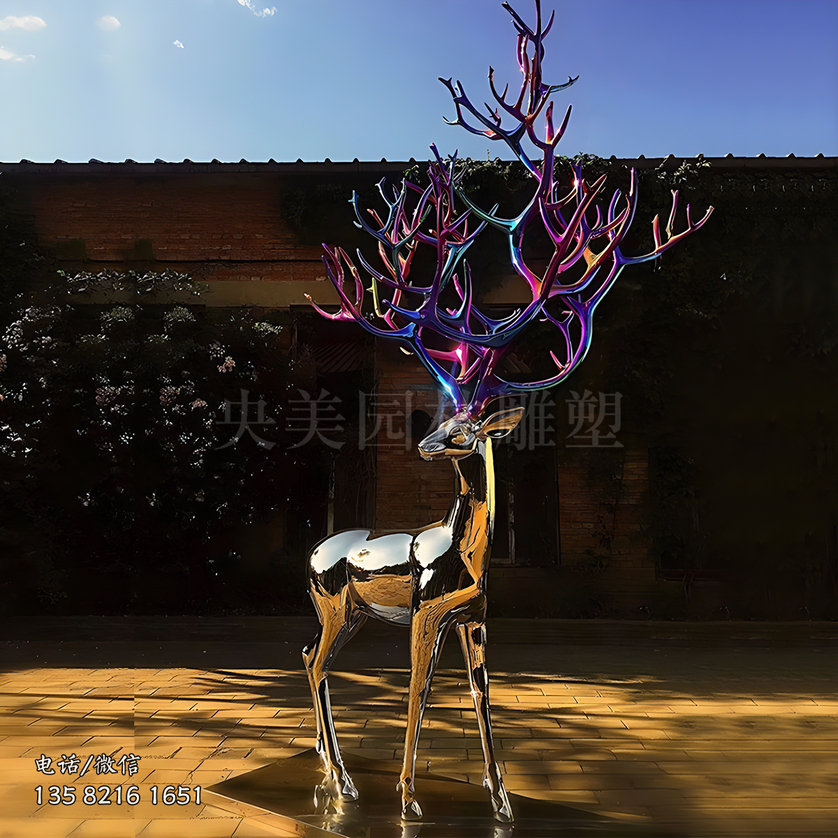 噴鍍鹿角創(chuàng)意鏡面梅花鹿不銹鋼雕塑